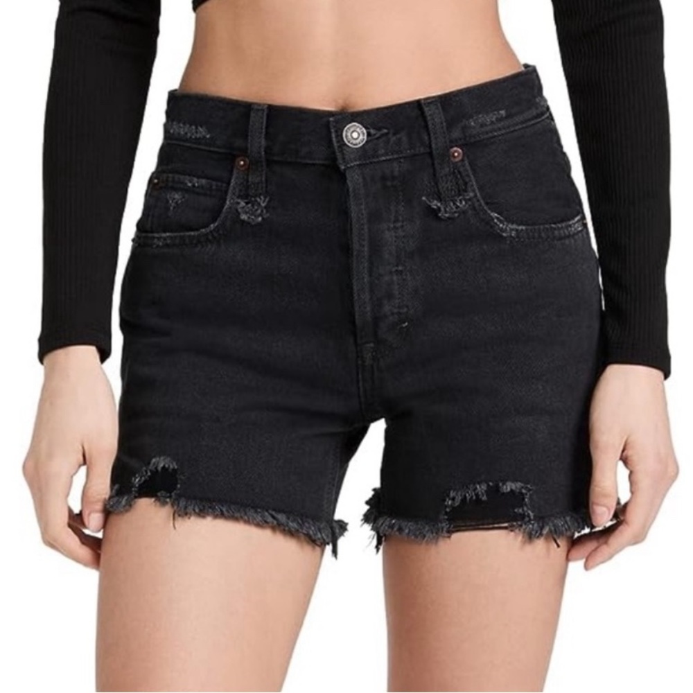 Free People black distressed denim short, on trend. Jean shorts or cutoffs
